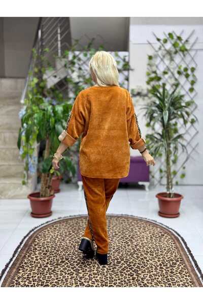 Punta Otantik Nc25183 Leopard Patterned Pocket Detailed Italian Velvet Suit Orange