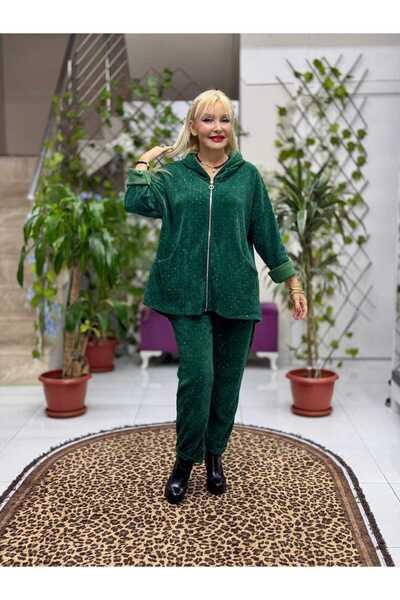 Punta Otantik Nc25195 Zippered Hooded Stone Italian Velvet Suit Bitter Green