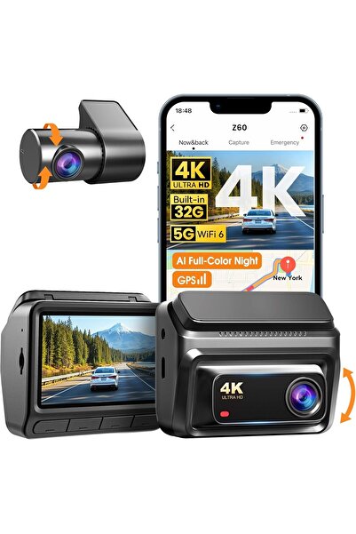 DDPAI كاميرا أمامية وخلفية بدقة 4K (2160 بكسل + 1080 بكسل)، واي فاي 5 جيجاهرتز، شاشة IPS 3 بوصة، ذاكرة eMMC سعة 32 جيجابايت، نظام تحديد المواقع العالمي (GPS)، رؤية ليلية، Z60