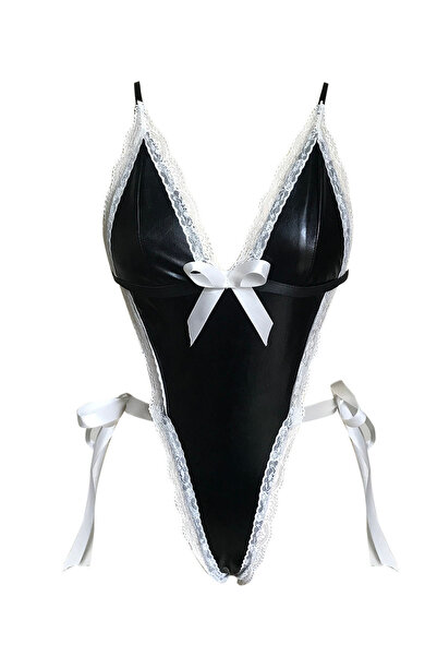 JInsh Cool Lady Black Bright PU Leather Tight Fit Bodysuit Sexy Women Party Cosplay Deep-V Neck Lingerie