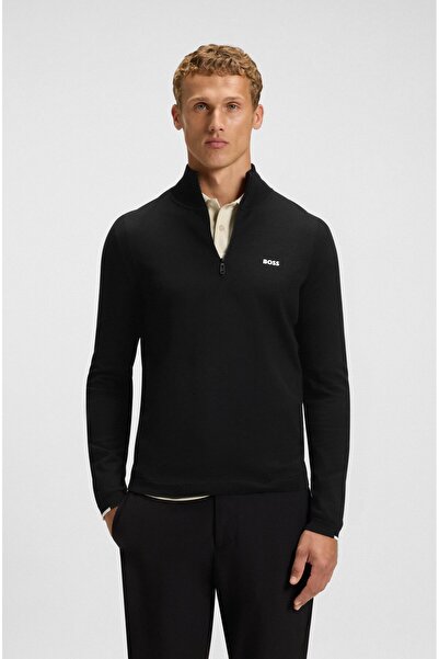 BOSS Erkek Regular Fit Fermuarlı Dik Yaka %100 Pamuklu Uzun Kollu Siyah Kazak...