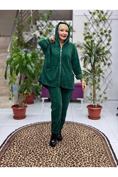 Punta Otantik Nc25195 Zippered Hooded Stone Italian Velvet Suit Bitter Green