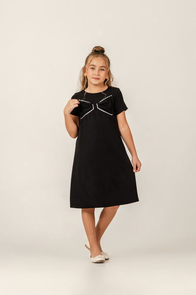 Eray Kids Fiyonk Detaylı Kısa Kollu Siyah Kız Çocuk Günlük Abiye Elbise (9-10-11-12 Yaş)