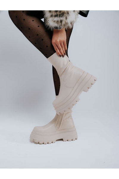 Bello Star Cizme damă din piele ecologică cu talpă groasă Bej