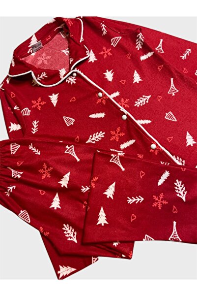ALİŞ KİDS Girl's Cotton Suede Fabric Red Pine Tree Christmas Pattern Shirt Collar Buttoned Pajama Set