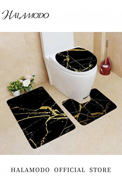 HALAMODO 3-Piece Marble Bathroom Rug Set Non Slip Bath Mat U Shaped Contour Toilet Mat & Lid Cover