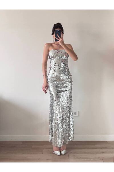 LOCH BUTİK Women's Gray Streplez Maxi Sequin Dress