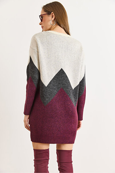 Olalook Women's Plum Geometric Patterned Knitwear Tunic Dress Elb-19002568