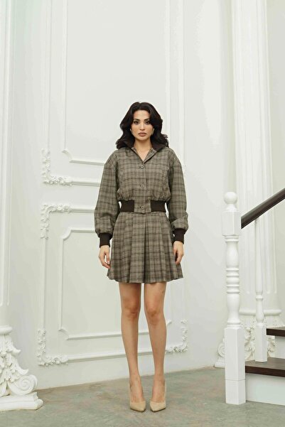 Serica Moda Brown Plaid Elastic Waist Jacket Skirt Set