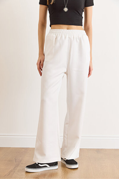 Olalook Women's White Waistband Pocketed Wool Effect Wide Leg Winter Trousers Pnt-19000383