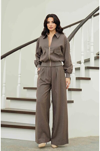 Serica Moda Brown Zippered Stone Embroidered Jacket and Pants Set