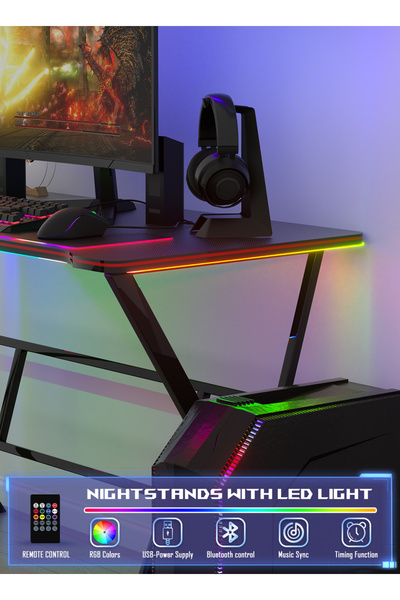 AnneFish Gaming Desk With Smart Bluetooth Led Strip Music Sync Corner Computer Desk Carbon Fiber Table