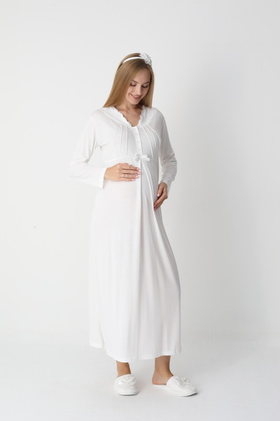 ERDENİZ TEKSTİL Striped Dressing Gown, Long Sleeve Maternity Nightgown Set of 2