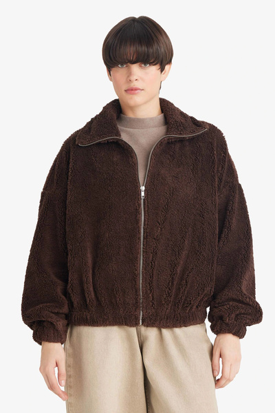 DeFacto C8229Axbn341 Brown Oversized Wide Fit Polo Neck Welsoft Plush Zippered Cardigan