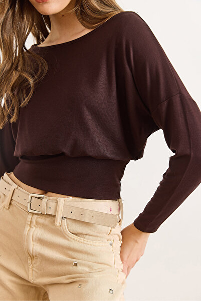 Olalook Women's Brown Waistband Batwing Soft Textured Blouse Blz-19003171