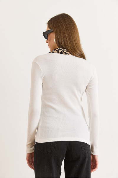 Olalook Women's Ecru Leopard Color Block Polo Neck Cotton Stretchy Blouse Blz-19003104