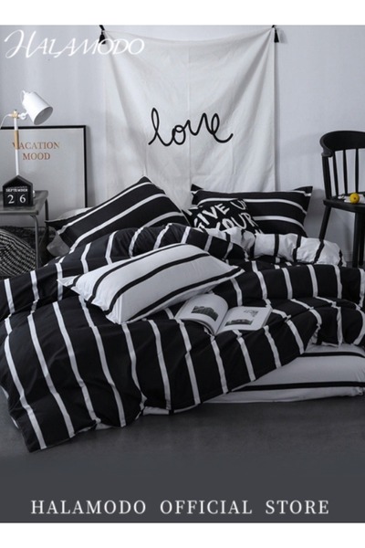 HALAMODO 6PCS Duvet Cover Set Queen Size Simplicity Striped Pattern Reversible Luxury Soft Bedding Set