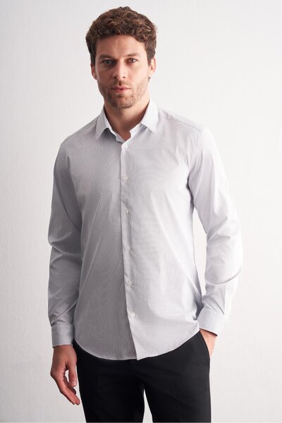 İmza White - Navy Blue Hard Collar Striped Pattern Long Sleeve Slim Fit Stretchy Shirt 1004255177