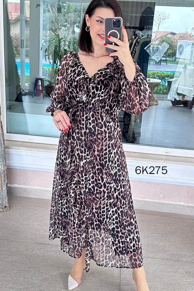 İnce Topuk Double-Breasted Collar Flounce Chiffon Dress 6K275