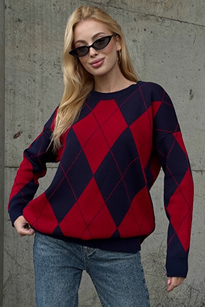 Chiccy Navy Blue-Red Crew Neck Long Sleeve Diamond Pattern Long Fit Oversized Knitwear Sweater 74 58