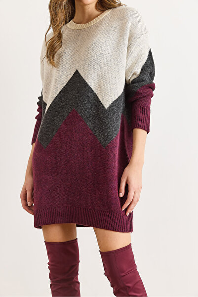 Olalook Women's Plum Geometric Patterned Knitwear Tunic Dress Elb-19002568