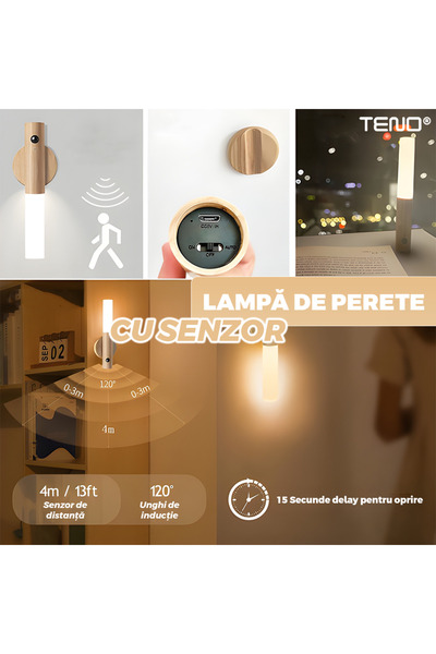 Teno ® Lampă de perete LED cu senzor, detașabilă, suport magnetic, rază largă de detecție, finisaj lemn