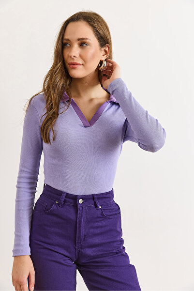 Olalook Women's Lilac Purple Color Block Polo Neck Cotton Stretchy Blouse Blz-19003104