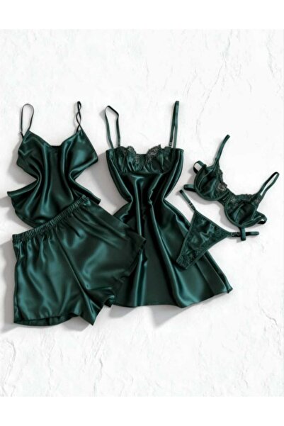 LİA Underwear 5 Parça Zümrüt Yeşili Saten Gecelik Seti