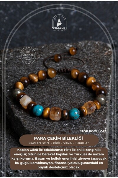 OSMANLI DOĞAL TAŞ Certified Tiger's Eye Pyrite Citrine Turquoise Natural Stone Money Attracting Bracelet S.K: 043