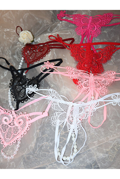 JInsh 7-pieces Sexy Lady Hollow Lace Embroidery Thong Heart And Butterfly Open Beaded Nightwear T-thong