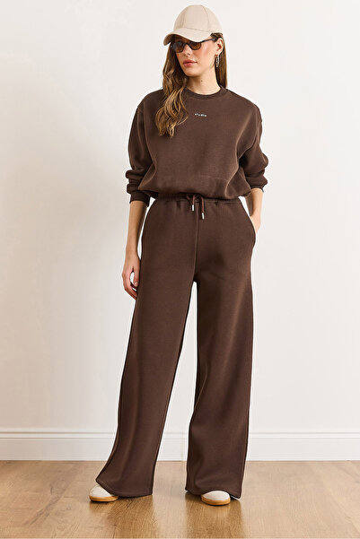 Olalook Women's Brown Waist Lace-Up Pocketed Wide Leg Fleece-Lined Thick Sweatpants Eşf-00000085