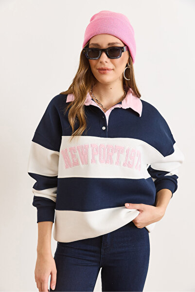 Olalook Women's Navy Blue Pink Polo Neck Color Detailed Oversized Fleece-Lined Sweatshirt Swt-19000783