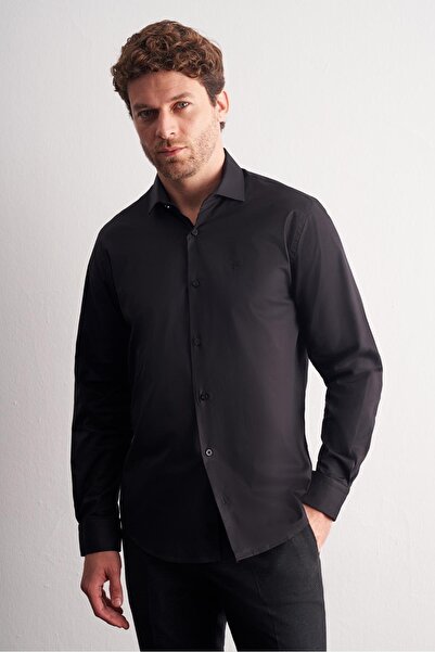 İmza Black Half Italian Collar Long Sleeve S Slim Fit Cotton Shirt 1004255189