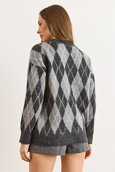 Olalook Women's Gray Baklava Pattern Fleece-Lined Thick Knitwear Sweater Kzk-19001075