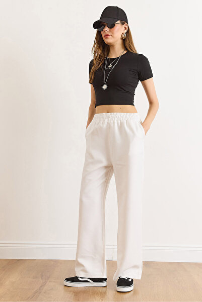 Olalook Women's White Waistband Pocketed Wool Effect Wide Leg Winter Trousers Pnt-19000383