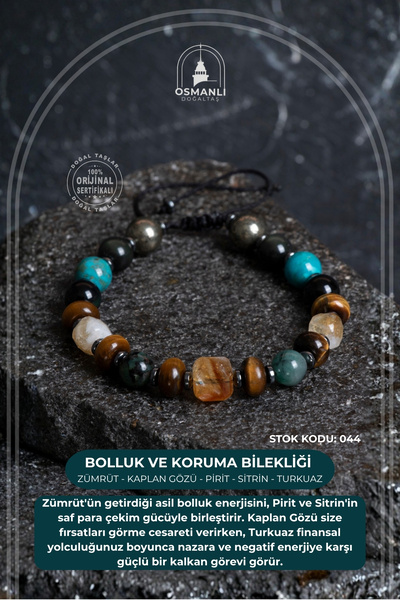 OSMANLI DOĞAL TAŞ Certified Emerald Tiger Eye Pyrite Citrine Turquoise Natural Stone Abundance and Protection Bracelet S.K: 044