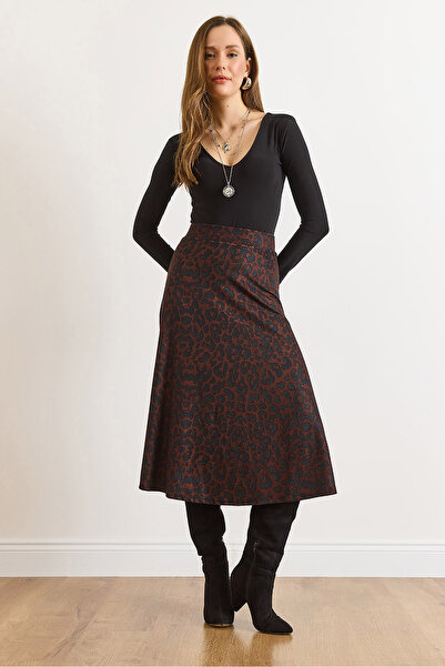 Olalook Women's Anthracite Leopard Elastic Waist Suede Textured Bell Skirt Etk-19000141