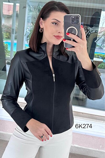 İnce Topuk Suede Paneled Leather Jacket 6K274