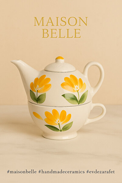 yerel pazar 🌼 Sarı Çiçek Desenli Seramik Çaydanlık(350 ml)ve Fincan (200ml)