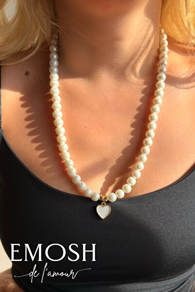 EMOSH de Lamour Beyaz İnci Kolye Bileklik Seti | Cam İnci & Kalp Charm Deta...