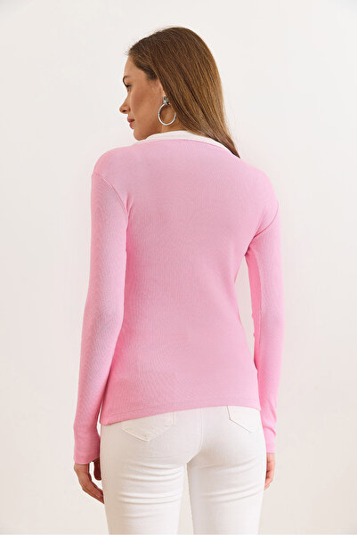 Olalook Women's Pink White Color Block Polo Neck Cotton Stretchy Blouse Blz-19003104