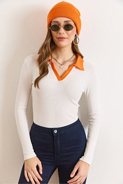 Olalook Women's White Orange Color Block Polo Neck Cotton Stretchy Blouse Blz-19003104