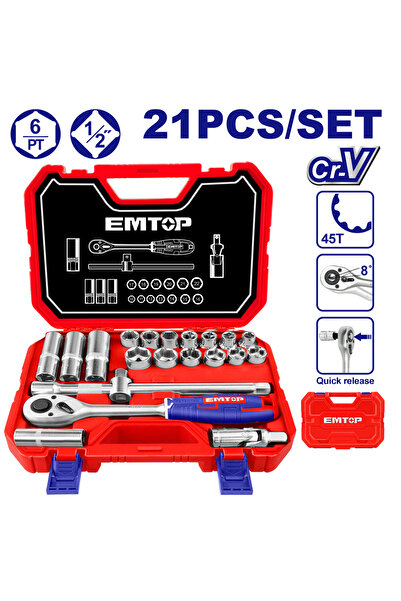EMTOP Set chei tubulare cu clichet de 1/2", 21 de componente, geantă de trans...