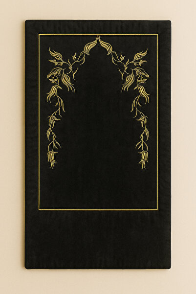 Bonny Home Sahra Black Velvet Embroidered Prayer Rug with Sponge, Soft Dowry Gift Bundle, Luxurious Prayer Mat