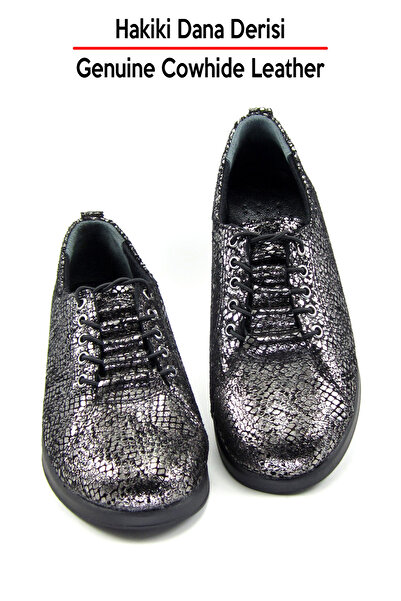 Erkan Saçmacı Khloe Silver Snake Genuine Cowhide Leather Round Toe Flat Sole Casual Shoes