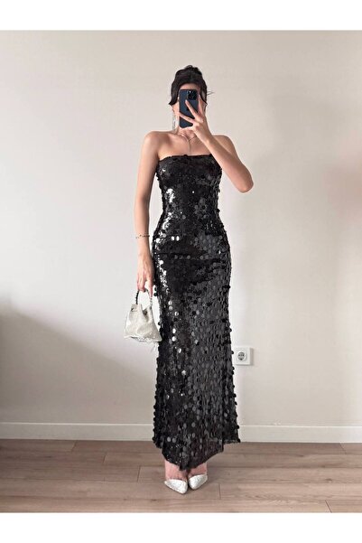 LOCH BUTİK Γυναικείο Μαύρο Φόρεμα Streplez Maxi με παγιέτες
