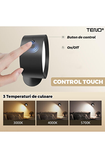 Teno Wall Lamp with LED Teno®, remote control, touch control, easy to install, 2000 mAh, black