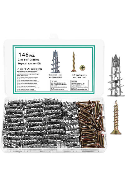 QOOSIKICC Σετ 146 μεταλλικών πείρων αυτοδιάτρησης M4 με βίδες για γυψοσανίδα, σκυρόδεμα και κοιλότητες