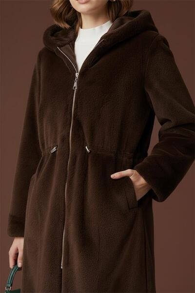Puane Women's Hooded Elastic Waist Plush Coat - 15236Kbn - Brown