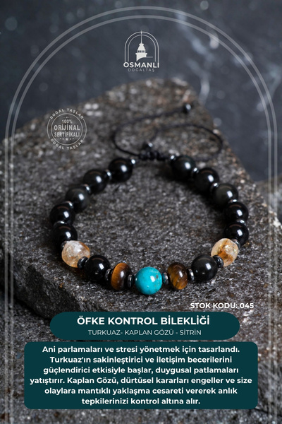 OSMANLI DOĞAL TAŞ Certified Turquoise (Firuze) - Tiger's Eye - Citrine Natural Stone Anger Control Bracelet S.K: 045